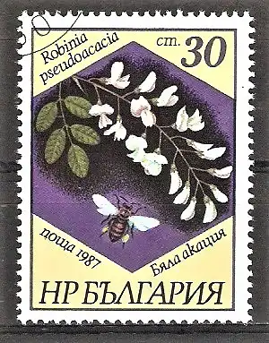 Briefmarke Bulgarien Mi.Nr. 3584 o Bienen und Pflanzen 1987 / Biene und Scheinakazie (Robina pseudoacacia)