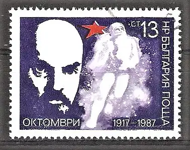 Briefmarke Bulgarien Mi.Nr. 3616 o 70. Jahrestag der Oktoberrevolution 1987 / Lenin und Kosmonaut