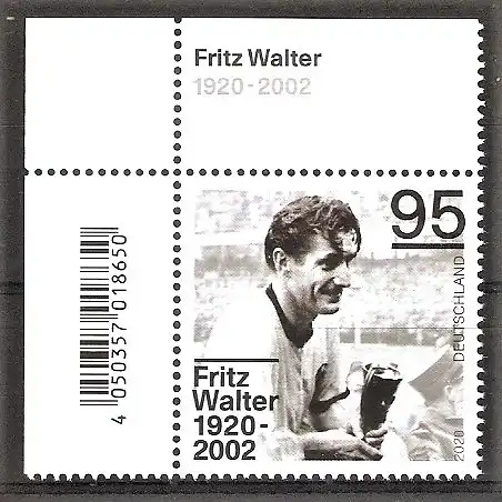 Briefmarke BRD Mi.Nr. 3568 ** BOGENECKE o.l. 100. Geburtstag von Fritz Walter 2020 / Fussballspieler