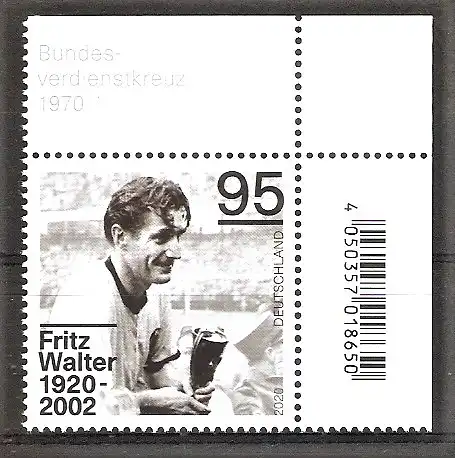 Briefmarke BRD Mi.Nr. 3568 ** BOGENECKE o.r. 100. Geburtstag von Fritz Walter 2020 / Fussballspieler