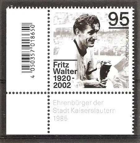 Briefmarke BRD Mi.Nr. 3568 ** BOGENECKE u.l. 100. Geburtstag von Fritz Walter 2020 / Fussballspieler
