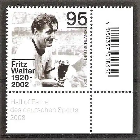 Briefmarke BRD Mi.Nr. 3568 ** BOGENECKE u.r. 100. Geburtstag von Fritz Walter 2020 / Fussballspieler