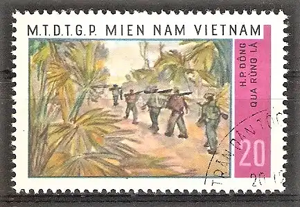 Briefmarke Vietnam Ausgaben der Vietcong Mi.Nr. 16 o Kampf für die Freiheit 1968 / Zeitgenössische Gemälde - "Marsch durch den Wald" von Huỳnh Phương Đng