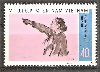 Briefmarke Vietnam Ausgaben der Vietcong Mi.Nr. 18 o Kampf für die Freiheit 1968 / Zeitgenössische Gemälde - "Im Angesicht des Feindes" von H. Ph. Đng
