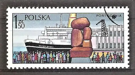 Briefmarke Polen Mi.Nr. 2477 o Polnische Häfen 1976 / Gdingen (Gdynia) / Passagierschiff „Stefan Batory“, Denkmal der Seeleute