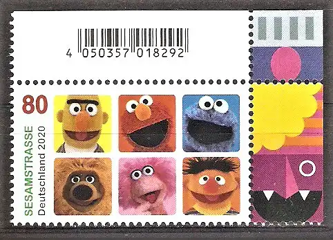 Briefmarke BRD Mi.Nr. 3530 ** BOGENECKE o.r. Fernsehserie „Sesamstraße“ 2020 / Bert, Elmo, Krümelmonster, Samson, Tiffy, Ernie - Figuren aus der Kinderfernsehserie „Sesamstraße“