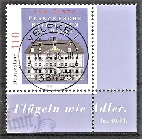 Briefmarke BRD Mi.Nr. 2011 o BOGENECKE u.r. / Ersttagstagesstempel VOLLSTEMPEL VELPKE / 300 Jahre Franckesche Stiftungen Halle 1998