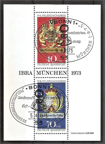 Briefmarke BRD BLOCK 9 o (Mi.Nr. 766-767) ESST BONN / Kongress des Internationalen Philatelistenverbandes (FIP) - Internationale Briefmarkenausstellung (IBRA), München 1973 / Posthausschilder Württemberg und Kurpfalz Bayern
