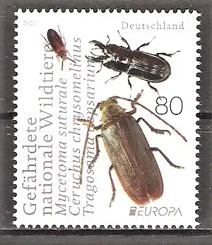 Briefmarke BRD Mi.Nr. 3605 ** Europa CEPT 2021 / Käfer / Harzporling-Düsterkäfer, Rindenschröter, Zottenbock