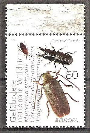 Briefmarke BRD Mi.Nr. 3605 ** Oberrand - Europa CEPT 2021 / Käfer / Harzporling-Düsterkäfer, Rindenschröter, Zottenbock