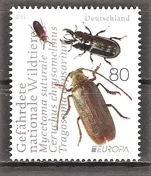 Briefmarke BRD Mi.Nr. 3605 ** Europa CEPT 2021 / Käfer / Harzporling-Düsterkäfer, Rindenschröter, Zottenbock