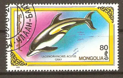 Briefmarke Mongolei Mi.Nr. 2146 o Wale und Delphine 1990 / Weißseitendelphin (Lagenorhynchus acutus) #202419