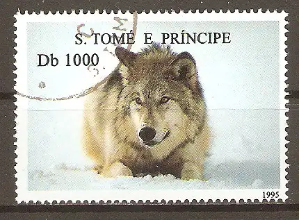 Briefmarke Sao Tome & Principe Mi.Nr. 1548 o Hunde und Katzen 1995 / Wolf (Canis lupus) #202462