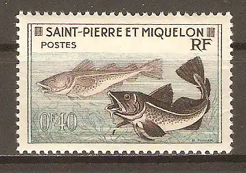 Briefmarke St. Pierre und Miquelon Mi.Nr. 381 ** Fischereiwesen 1957 / Kabeljau (Gadus morrhua) #202475