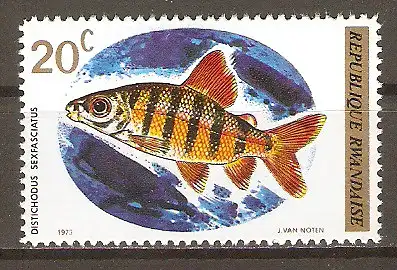 Briefmarke Ruanda Mi.Nr. 577 ** Fische 1973 / Zebra-Geradsalmler (Distichodus sexfasciatus) #202482