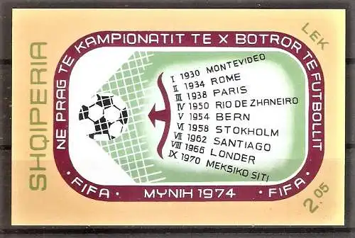 Briefmarke Albanien Block 49 ** Fussball-Weltmeisterschaft Deutschland 1974