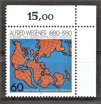 Briefmarke Berlin Mi.Nr. 616 ** BOGENECKE o.r. 100. Geburtstag von Alfred Wegener 1980 / Geophysiker und Meteorologe