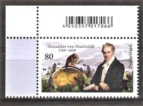 Briefmarke BRD Mi.Nr. 3492 ** BOGENECKE o.l. 250. Geburtstag von Alexander von Humboldt 2019 / Naturforscher - Affe auf Globus