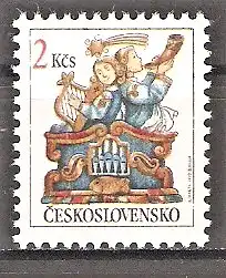 Briefmarke Tschechoslowakei Mi.Nr. 3136 ** Weihnachten 1992 / Stern von Bethlehem und zwei Hirten mit Harfe, Horn und Orgel