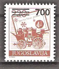 Briefmarke Jugoslawien Mi.Nr. 2359 ** Freimarke Postdienst 1989 / 700 (Din) auf 220 (Din)