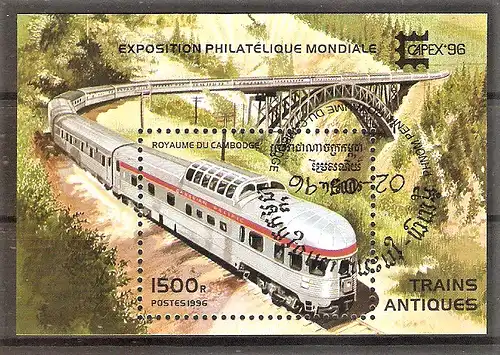 Briefmarke Kambodscha Mi.Nr. 1591 o / Block 219 o CAPEX ’96 in Toronto / Pacific-Lokomotive 2’C1’