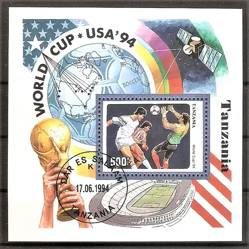 Briefmarke Tanzania Mi.Nr. 1766 o / Block 249 o Fussball-Weltmeisterschaft USA 1994