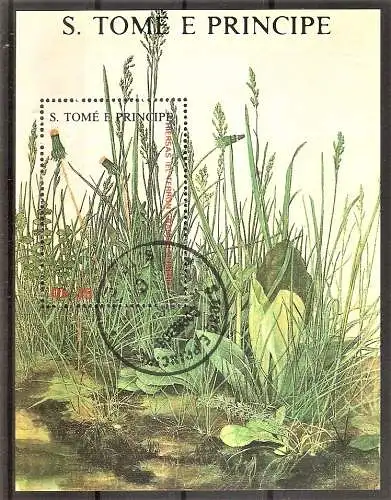 Briefmarke Sao Tome & Principe Mi.Nr. 1041 o / Block 176 o Heilpflanzen 1988 / Gemälde von Albrecht Dürer