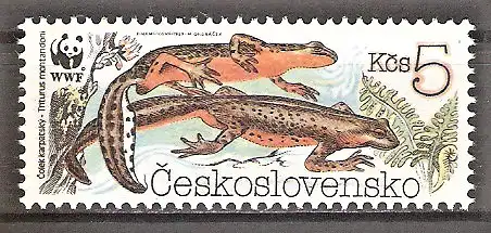 Briefmarke Tschechoslowakei Mi.Nr. 3010 ** Weltweiter Naturschutz 1989 / Amphibien - Karpatenmolch (Triturus montandoni)