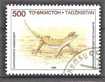 Briefmarke Tadschikistan Mi.Nr. 62 o Einheimische Echsen 1995 / Strauchs Gecko (Alsophylax loricatus)