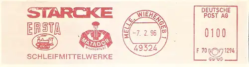 Freistempel F70 1294 Melle, Wiehengeb - STARCKE Schleifmittelwerke - ERSTA / MATADOR (Abb. Dampflok , Stierkämpfer) (#2094)