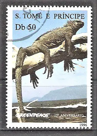 Briefmarke Sao Tome & Pricipe Mi.Nr. 1679 o 25 Jahre „Greenpeace“ 1996 / Leguan