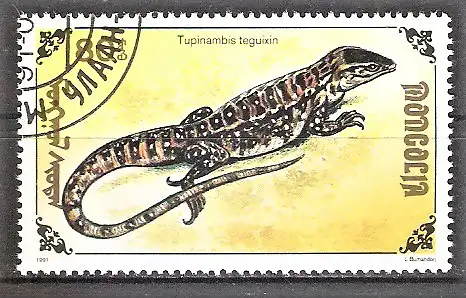 Briefmarke Mongolei Mi.Nr. 2290 o Reptilien 1991 / Bänderteju (Tupinambis teguixin)