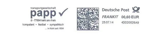 Freistempel 4D020026A9 Kehl am Rhein - Papp Transportgesellschaft - kompetent flexibel sympathisch in Kehl seit 1934 (#2352)