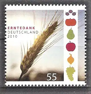 Briefmarke BRD Mi.Nr. 2826 ** Erntedank 2010 / Roggenähre, Umrisse von Pflaumen, Kürbis, Birne, Apfel, Zwiebel und Weintraube