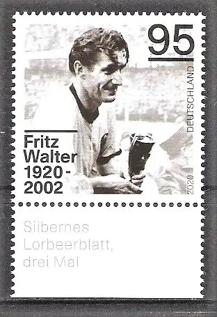 Briefmarke BRD Mi.Nr. 3568 ** Unterrand - 100. Geburtstag von Fritz Walter 2020 / Fussballspieler
