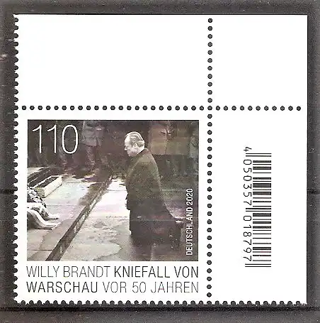 Briefmarke BRD Mi.Nr. 3579 ** Bogenecke oben rechts - 50. Jahrestag des Kniefalls von Warschau 2020 / Bundeskanzler Willy Brandt