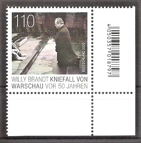Briefmarke BRD Mi.Nr. 3579 ** Bogenecke unten rechts - 50. Jahrestag des Kniefalls von Warschau 2020 / Bundeskanzler Willy Brandt