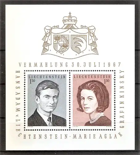 Briefmarke Liechtenstein Mi.Nr. 478-479 ** / Block 7 ** Hochzeit von Erbprinz Hans-Adam und Gräfin Marie Aglaë Kinsky 1967