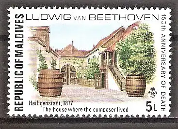 Briefmarke Malediven Mi.Nr. 693 ** 150. Todestag von Ludwig van Beethoven 1977 / Beethovens Haus in Heiligenstadt