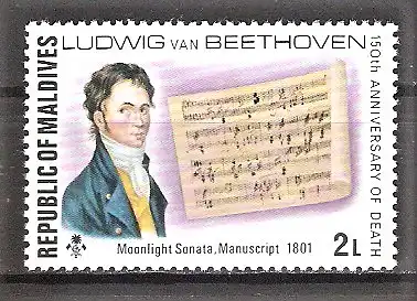 Briefmarke Malediven Mi.Nr. 690 ** 150. Todestag von Ludwig van Beethoven 1977 / Beethoven & Handschrift der Mondscheinsonate