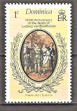 Briefmarke Dominica Mi.Nr. 532 ** 150. Todestag von Ludwig van Beethoven 1977 / Oper „Fidelio“, 1. Akt, 4. Szene