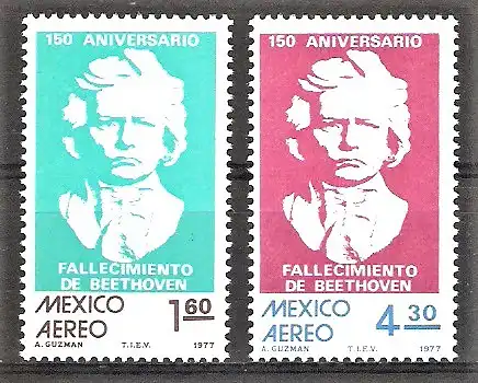 Briefmarke Mexiko Mi.Nr. 1560-1561 ** 150. Todestag von Ludwig van Beethoven 1977 / Komponist / Kompletter Satz !