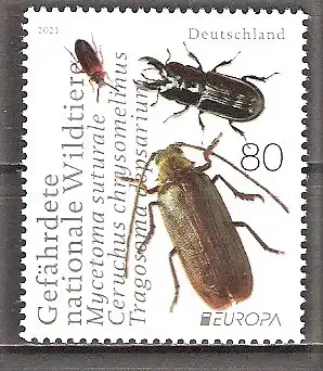 Briefmarke BRD Mi.Nr. 3605 ** Europa CEPT 2021 / Käfer / Harzporling-Düsterkäfer, Rindenschröter, Zottenbock