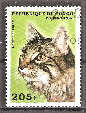 Briefmarke Kongo-Brazzaville Mi.Nr. 1453 o Katzen 1996 / Norwegische Waldkatze