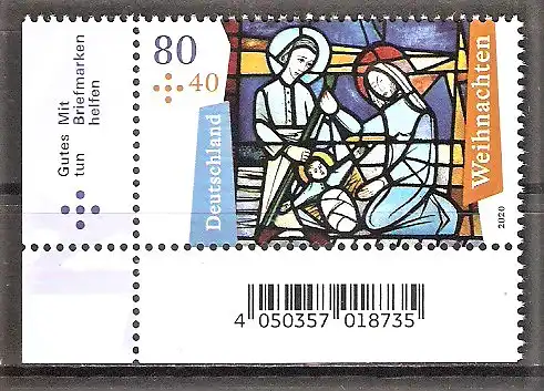 Briefmarke BRD Mi.Nr. 3571 ** BOGENECKE u.l. Weihnachten 2020 / Geburt Christi, Detail eines Kirchenfensters von St. Katharina, Bad Soden / Taunus