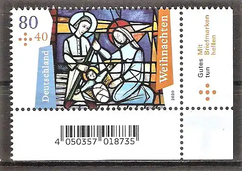 Briefmarke BRD Mi.Nr. 3571 ** BOGENECKE u.r. Weihnachten 2020 / Geburt Christi, Detail eines Kirchenfensters von St. Katharina, Bad Soden / Taunus