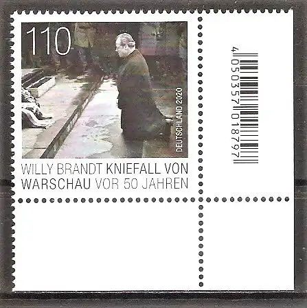 Briefmarke BRD Mi.Nr. 3579 ** BOGENECKE u.r. 50. Jahrestag des Kniefalls von Warschau 2020 / Bundeskanzler Willy Brandt