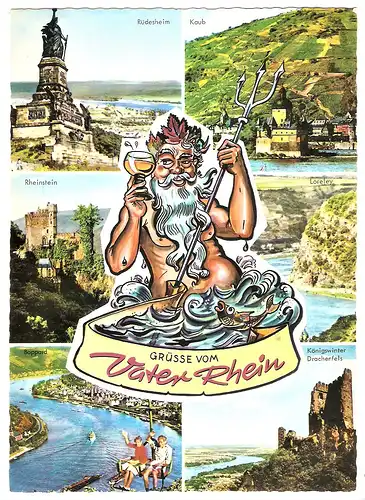Ansichtskarte Deutschland - Grüsse vom Vater Rhein - Rüdesheim, Kaub, Rheinstein, Loreley, Boppard, Königswinter Drachenfels (1534)