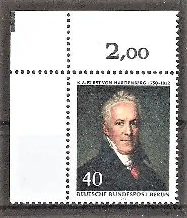 Briefmarke Berlin Mi.Nr. 440 ** BOGENECKE o.l. 150. Todestag von Karl August Fürst von Hardenberg 1972 / Preußischer Staatsmann