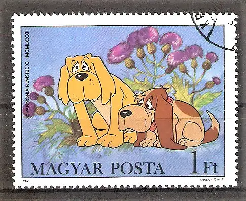 Briefmarke Ungarn Mi.Nr. 3581 A o Zeichentrickfilm „Vuk, der kleine Fuchs“ 1982 / Zwei Hunde